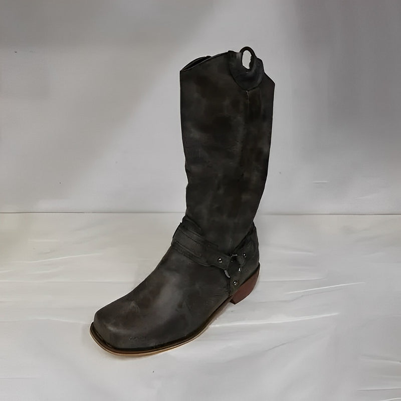 MEN'S RETRO BUCKLE MID-CALF SQUARE-TOE KNIGHT BOOTS 37735650S