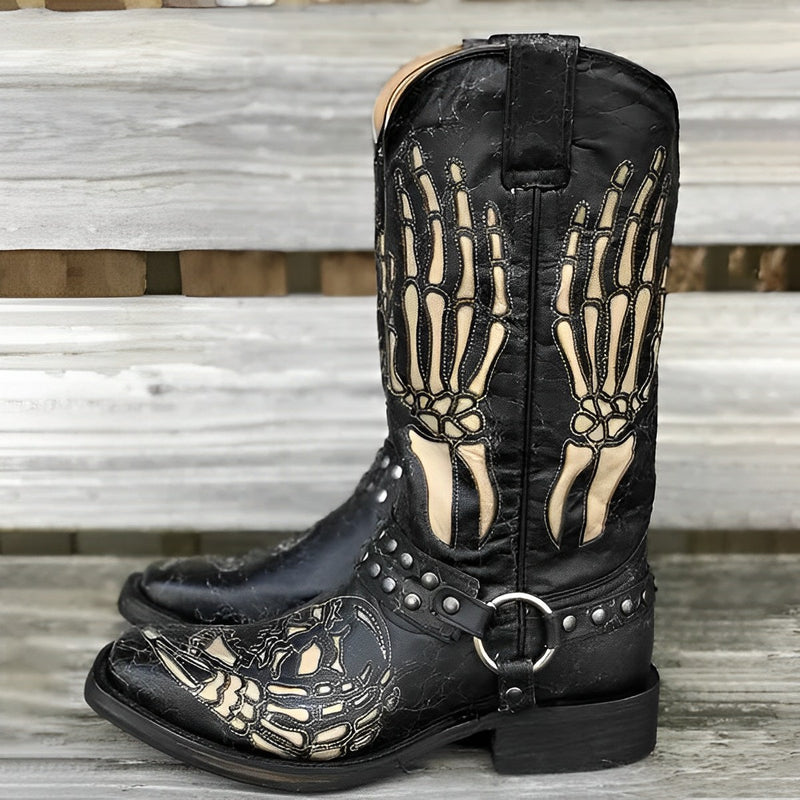 MEN'S VINTAGE SKULL BUCKLE BLACK BIKER BOOTS 90156410S