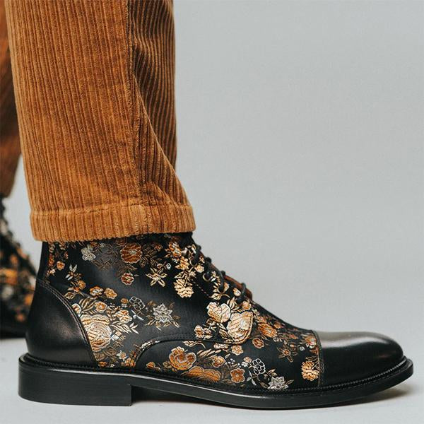 MEN'S FASHION FLORAL PATCHWORK LACE-UP FRONT BOOTS 95889082S