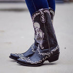 MEN'S RETRO EMBROIDERED SKULL CHUNKY HEEL WESTERN BOOTS 04001944S