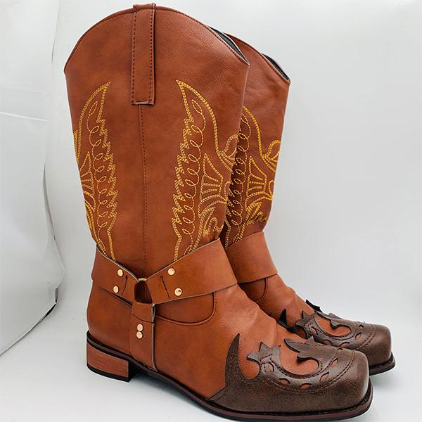 MEN'S LONG EMBROIDERED RETRO LOW HEELED BOOTS 79892115YL