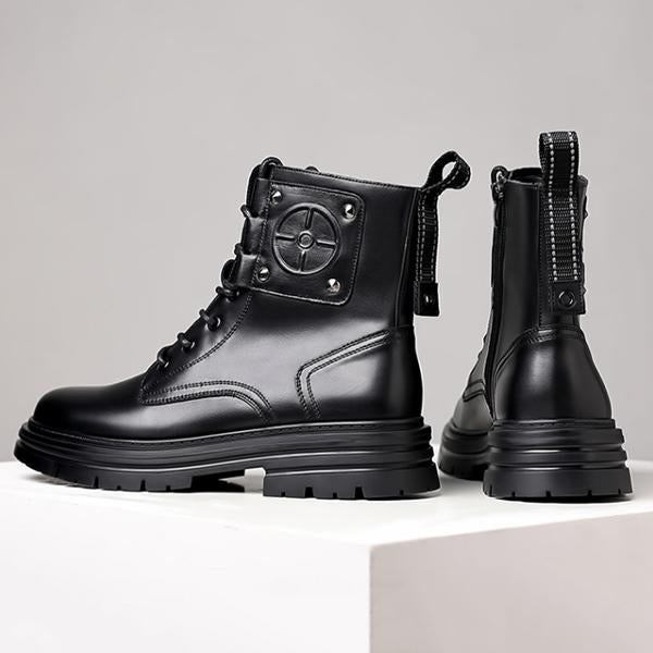 MEN'S STYLISH BLACK THICK-SOLED LACE-UP BOOTS 76330695S