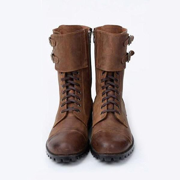 MEN'S RETRO BELT BUCKLE DECORATED LACE UP BOOTS 92575709S