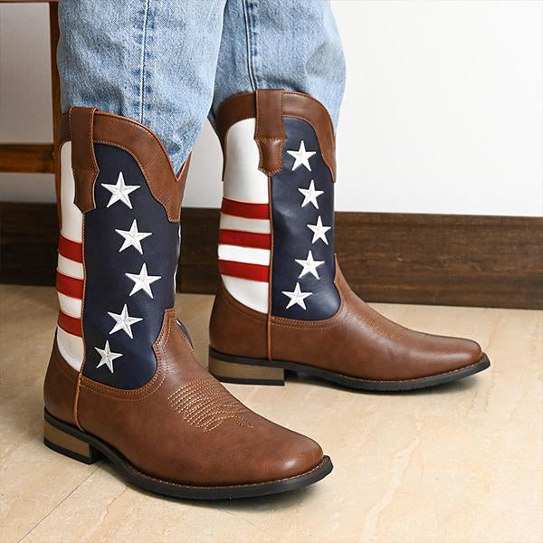 MEN'S STYLISH STAR STRIPED THICK HEEL COWBOY BOOTS 23158251S