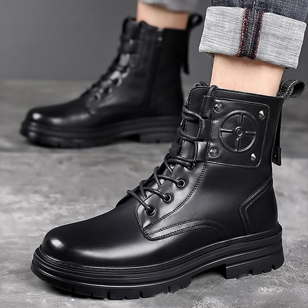 MEN'S STYLISH BLACK THICK-SOLED LACE-UP BOOTS 76330695S