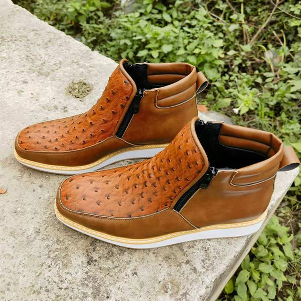 MEN'S SQUARE TOE SIDE ZIPPER OSTRICH PATTERN CASUAL BOOTS 83361864S