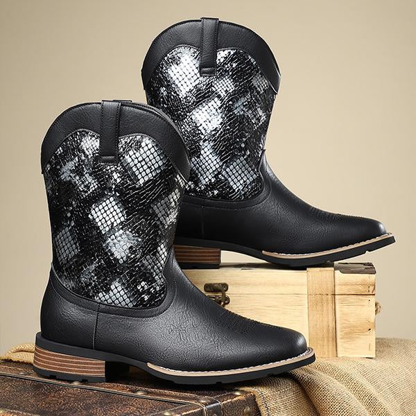 MEN'S RETRO SNAKE PRINT MID-CALF WESTERN BOOTS 84488280S