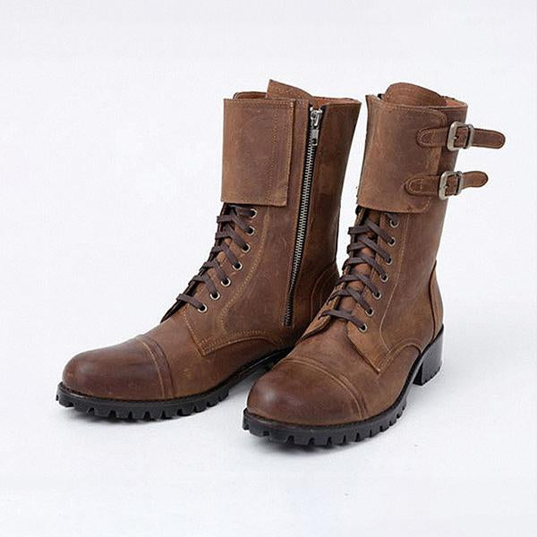 MEN'S RETRO BELT BUCKLE DECORATED LACE UP BOOTS 92575709S