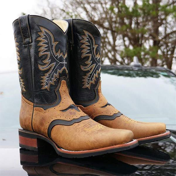 MEN'S ROMAN SQUARE TOE STITCHING RETRO WESTERN BOOTS 67072837S