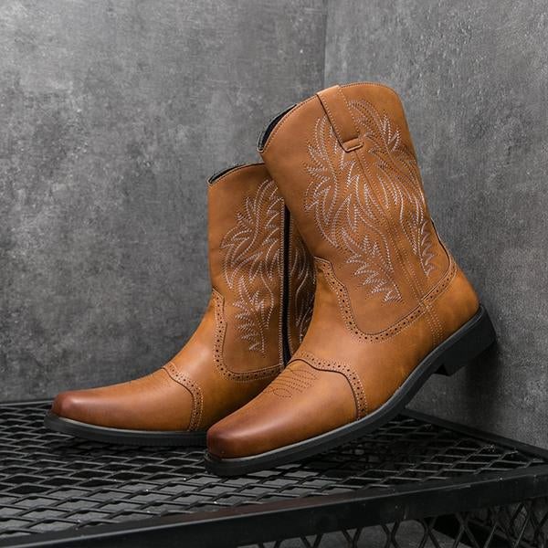 MEN'S RETRO EMBROIDERED SQUARE TOE WESTERN BOOTS 38257562S