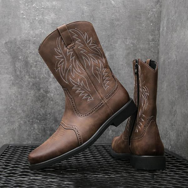 MEN'S RETRO EMBROIDERED SQUARE TOE WESTERN BOOTS 38257562S