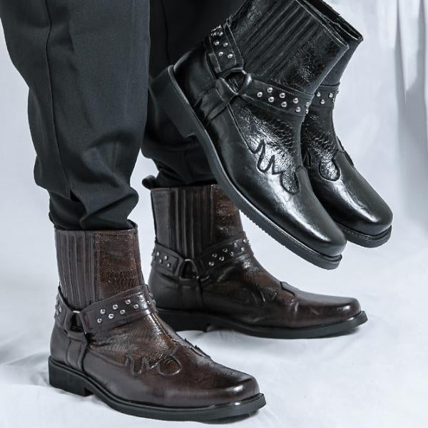 MEN'S EMBROIDERED CHUNKY HEEL VINTAGE HARNESS BOOTS 87732284S