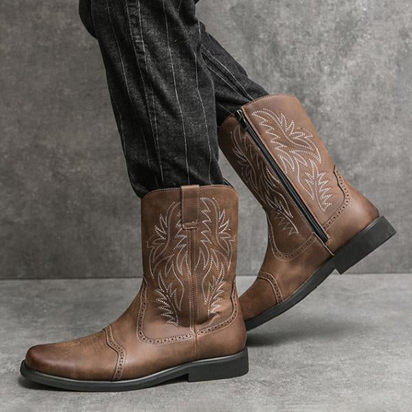 MEN'S RETRO EMBROIDERED SQUARE TOE WESTERN BOOTS 38257562S