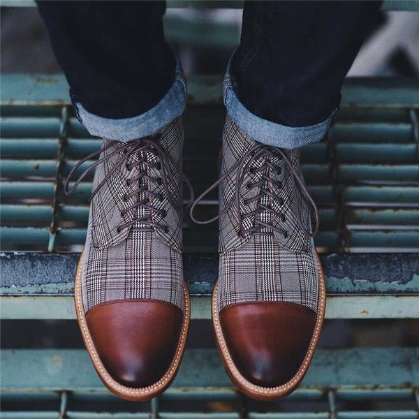 MEN'S RETRO HOUNDSTOOTH CASUAL LACE-UP BOOTS 49710984S