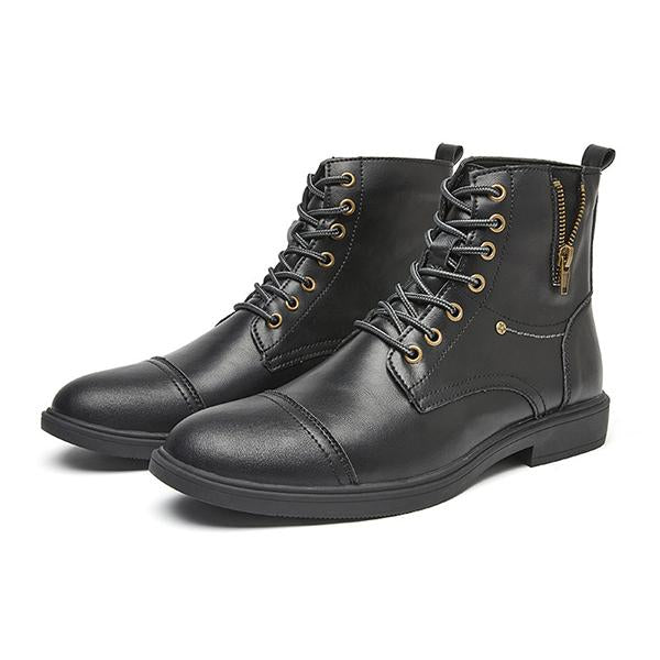 MEN'S RETRO ROUND TOE SIDE ZIPPER LACE UP LEATHER BOOTS 66306691YL