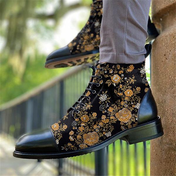 MEN'S FASHION FLORAL PATCHWORK LACE-UP FRONT BOOTS 95889082S